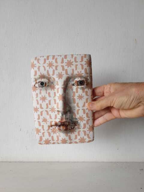 Terracotta Wall Mask, Modern Ceramic Art Tile Face, Low Relief 3D Sculpture - image 1