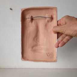 Terracotta Wall Mask, Modern Ceramic Art Tile Face, Low Relief 3D Sculpture - thumbnail 3