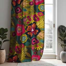 Dark Boho Floral Curtains, Mustard Yellow & Pink Botanical Print Drapes, Vibrant Flower Window Treatment, Custom Length Panel Curtains