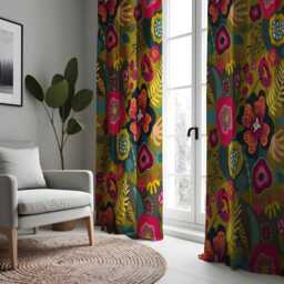 Dark Boho Floral Curtains, Mustard Yellow & Pink Botanical Print Drapes, Vibrant Flower Window Treatment, Custom Length Panel Curtains - thumbnail 2
