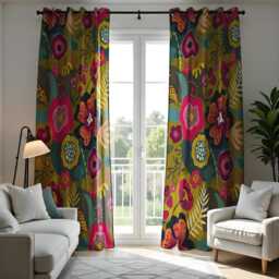 Dark Boho Floral Curtains, Mustard Yellow & Pink Botanical Print Drapes, Vibrant Flower Window Treatment, Custom Length Panel Curtains - thumbnail 3