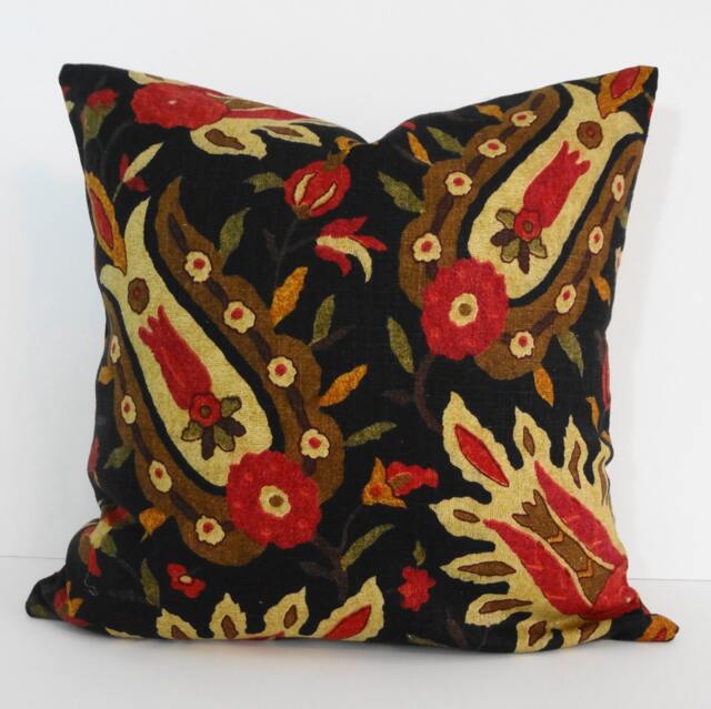 Robert Allen Floral Pillow Cover Black, Red Linen Cushion - 16x16 - image 1