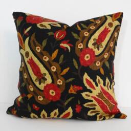 Robert Allen Floral Pillow Cover Black, Red Linen Cushion - 16x16 - thumbnail 2