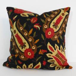 Robert Allen Floral Pillow Cover Black, Red Linen Cushion - 16x16 - thumbnail 1