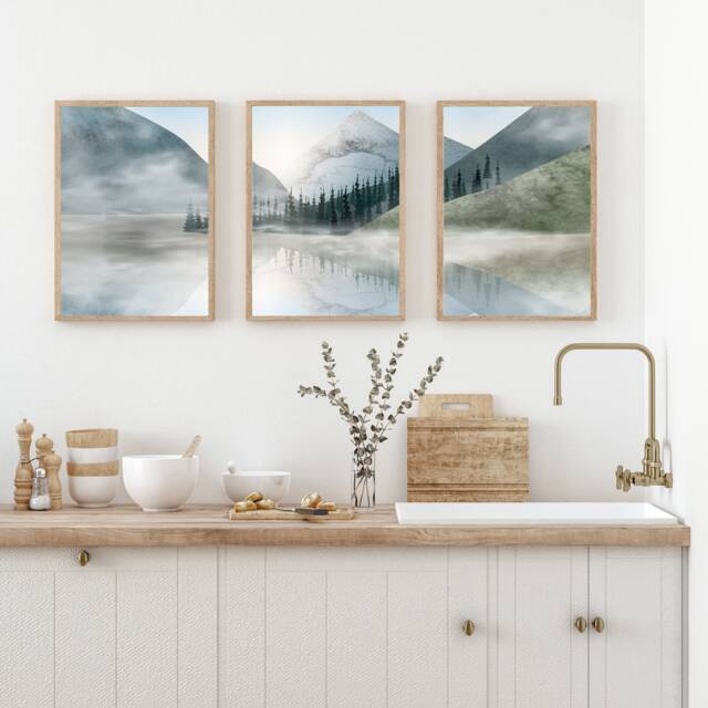 Water Colour Print Set Of 3 Mountain Prints, Block Prints, Contemporary Art, Blue Line Abstract, Neutral Abstract Gallery Wall Art - image 1