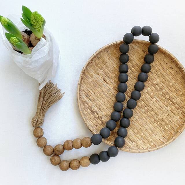 Black Wooden Bead Garland With Jute Tassel Boho Wall Hanging - image 1