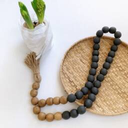 Black Wooden Bead Garland With Jute Tassel Boho Wall Hanging - thumbnail 3
