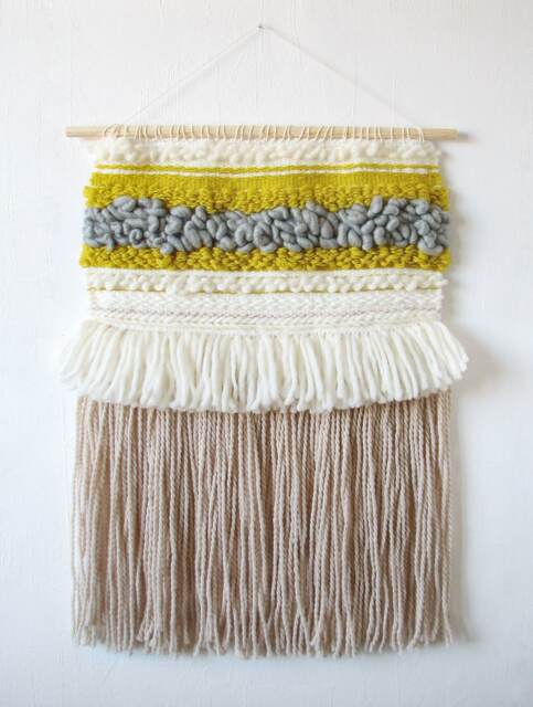 Woven Wall Hanging Boho Tapestry With Yellow, Gray & Beige - image 1