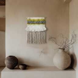 Woven Wall Hanging Boho Tapestry With Yellow, Gray & Beige - thumbnail 2