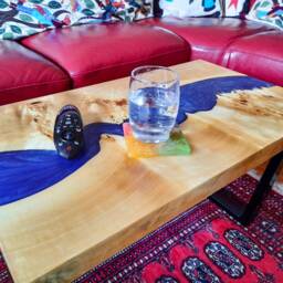 Blue Epoxy Resin River Table - Handmade Hardwood Coffee Made With Poplar & Metallic Blue UK - thumbnail 2
