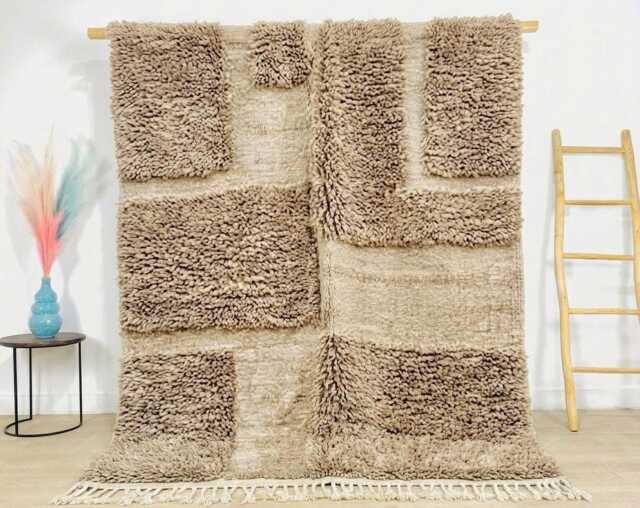 Warm Brown Mixed Texture Moroccan Rug, Abstract Kilim & Shag Berber Carpet, Large Handmade Wool Modern Earth Tone Carpet - image 1