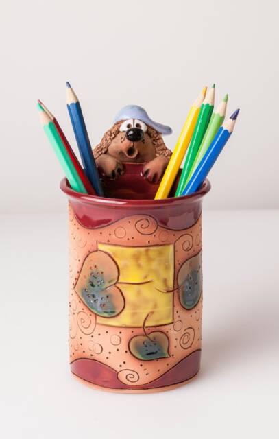 Handmade Ceramic Pen/Pencil Holder, Hedgehog Design, Pencil Box With Fun Animals, Christmas Gift For Kids Organizing - image 1