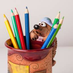 Handmade Ceramic Pen/Pencil Holder, Hedgehog Design, Pencil Box With Fun Animals, Christmas Gift For Kids Organizing - thumbnail 2