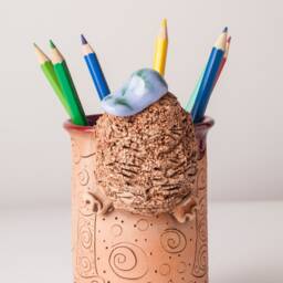 Handmade Ceramic Pen/Pencil Holder, Hedgehog Design, Pencil Box With Fun Animals, Christmas Gift For Kids Organizing - thumbnail 3