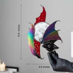 Gothic Bat & Moon Wall Hanging Iridescent Stained Glass Decor Halloween Art Witchy Home Decoration Unique Halloween Gift - thumbnail 3