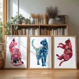 Floral Cat Silhouette Print Set - Botanical Wall Art, Unframed - thumbnail 1