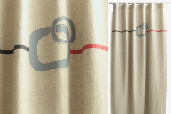 Red Graphite Blue Minimalist Linen Curtains, Modern Mid Century Curtain With Geometric Design, Funky, Industrial Style Drapery - image 1