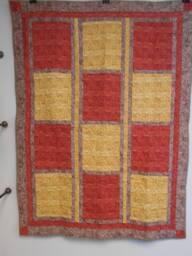 "Handmade Fall Throw Quilt Red-Orange & Gold Block Design - 46"" X 61" - thumbnail 1