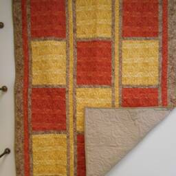 "Handmade Fall Throw Quilt Red-Orange & Gold Block Design - 46"" X 61" - thumbnail 4