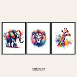 Colourful Animal Print Poster - Set Of 3 Paintings - Giraffe, Elephant, Lion Watercolour Prints Home Artwork Decor Wall Art Pictures - thumbnail 1
