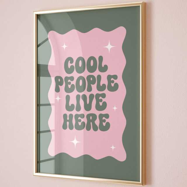 Cool People Live Here Art Print, Funky Pink & Green Wall Art, Hallway Decor - image 1
