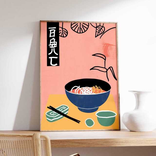 Japanese Ramen Bowl Art Print, Minimalist Asian Kitchen Wall Poster, Modern Food Illustration, Restaurant Decor Print - image 1