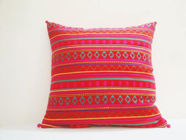 Bright Red Woven Pillow Cover , Colorful Cushion With Multi Color Weaving Decor Throw Spring Summer - image 1