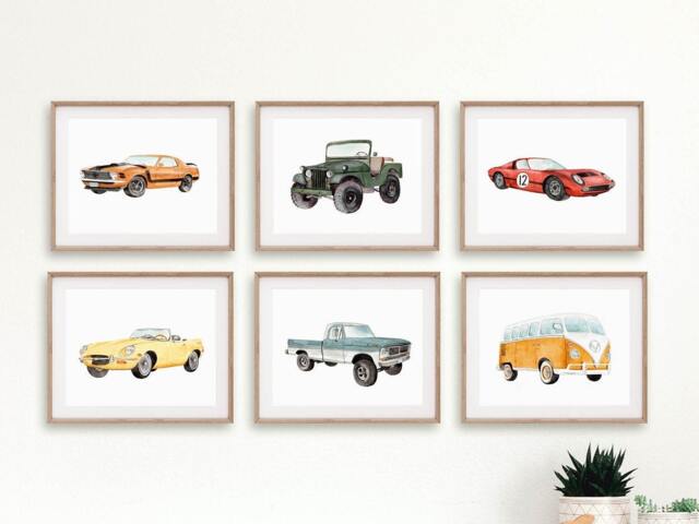 Classic Car Prints, Wall Decor, Nursery Theme, Watercolor Vehicles, Cars, Racecar Painting, Vehicle Art - image 1