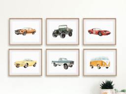 Classic Car Prints, Wall Decor, Nursery Theme, Watercolor Vehicles, Cars, Racecar Painting, Vehicle Art - thumbnail 1