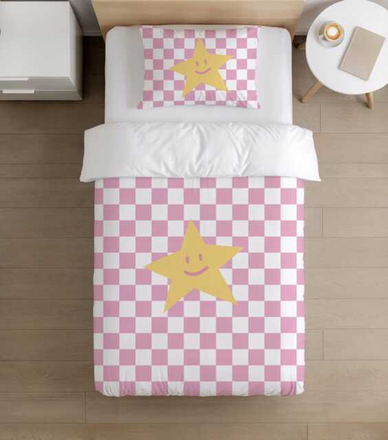 Bedding - Checkered Pink & White With Yellow Star, Duvet Cover, Pillow Case, Modern Colourful Kids Bedding - image 1
