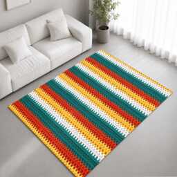 Mustard Teal Orange Crochet Stripe Rug Non-Slip Soft Area Carpet Bedroom Living Room Hallway Mat Decor - Made in UK - thumbnail 1