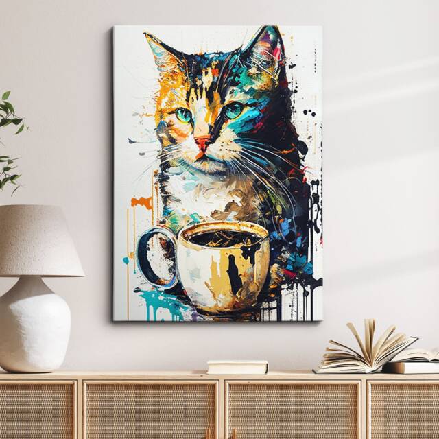 Cat Drinking Coffee Pet Abstract Modern Painting Wall Art, Framed Canvas Poster Print, Home Kitchen Office Room Decor, Gifts - image 1