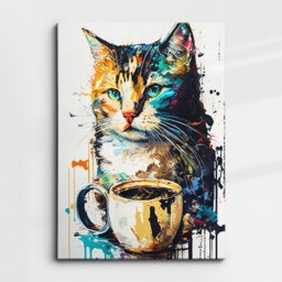 Cat Drinking Coffee Pet Abstract Modern Painting Wall Art, Framed Canvas Poster Print, Home Kitchen Office Room Decor, Gifts - thumbnail 3