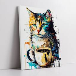 Cat Drinking Coffee Pet Abstract Modern Painting Wall Art, Framed Canvas Poster Print, Home Kitchen Office Room Decor, Gifts - thumbnail 2