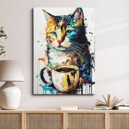 Cat Drinking Coffee Pet Abstract Modern Painting Wall Art, Framed Canvas Poster Print, Home Kitchen Office Room Decor, Gifts - thumbnail 1