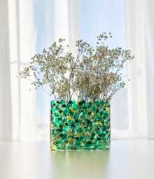 Emerald Green & Gold Glass Vase For Flowers, Abstract Floral Decor - thumbnail 1