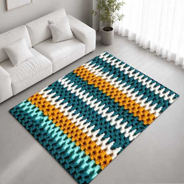 Teal Mustard Crochet Stripe Texture Rug Non-Slip Soft Area Carpet Bedroom Living Room Hallway Mat Decor - Made in UK - image 1