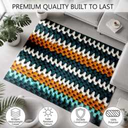 Teal Mustard Crochet Stripe Texture Rug Non-Slip Soft Area Carpet Bedroom Living Room Hallway Mat Decor - Made in UK - thumbnail 3
