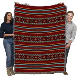 Saddleblanket Red Woven Southwest Tapestry Blanket, Native American Inspired Pattern, Tribal Camp Throw 100% Cotton Made in Usa 72x54 - thumbnail 2