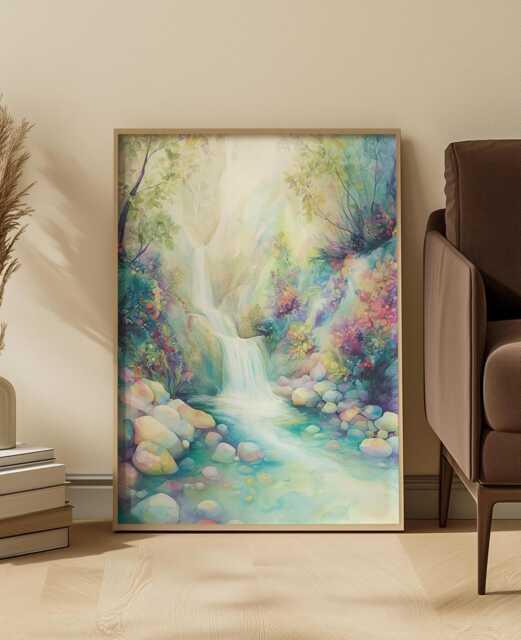Watercolor Waterfall Art Print Soft Pastel Dreamy Nature Sanctuary - image 1