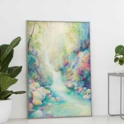 Watercolor Waterfall Art Print Soft Pastel Dreamy Nature Sanctuary - thumbnail 2