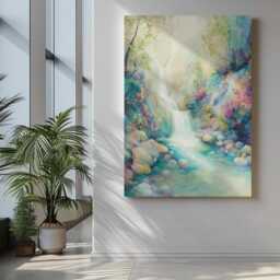Watercolor Waterfall Art Print Soft Pastel Dreamy Nature Sanctuary - thumbnail 3