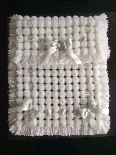 White Baby Pom Blanket With Ribbon Trim - 22x18 Inches - image 1