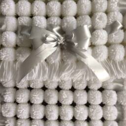 White Baby Pom Blanket With Ribbon Trim - 22x18 Inches - thumbnail 2