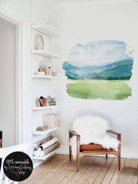 Landscape Wall Decor, Scenery Reusable Sticker, Mountain View Removable Decal, Self Adhesive Abstract Painting, Peel & Stick #10W - image 1