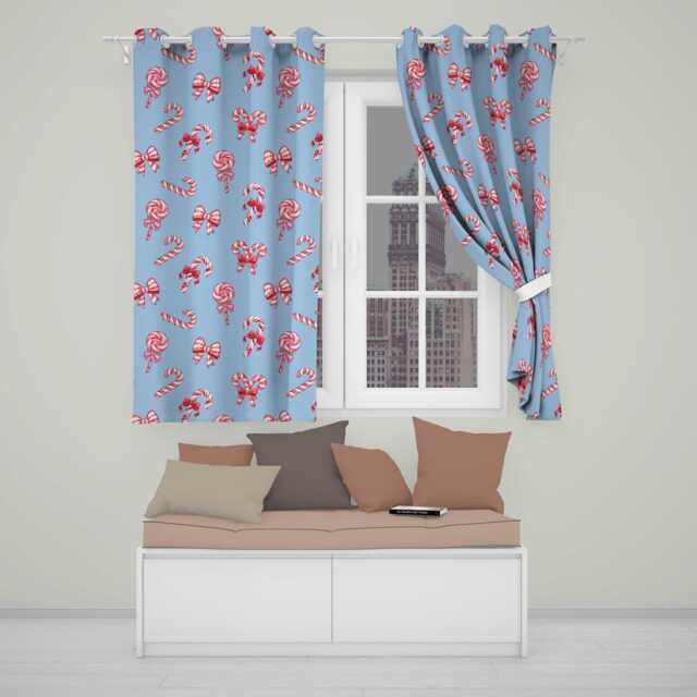 Cute Christmas Candy Cane Ribbon Bow Light Blue Seamless Pattern Readymade Eyelet Ring Top Thermal 100% Blackout Curtains - image 1
