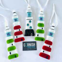 Plymouth Smeatons Lighthouse Fused Glass Christmas Decoration, Argyle Inspired Lighthouse, Cornish Glass, Cornwall - thumbnail 3