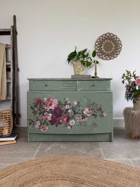 Vintage Stag Small Chest Of Drawers Painted Green & Floral - image 1