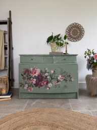 Vintage Stag Small Chest Of Drawers Painted Green & Floral - thumbnail 1