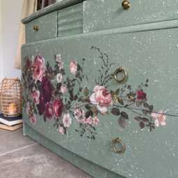 Vintage Stag Small Chest Of Drawers Painted Green & Floral - thumbnail 2